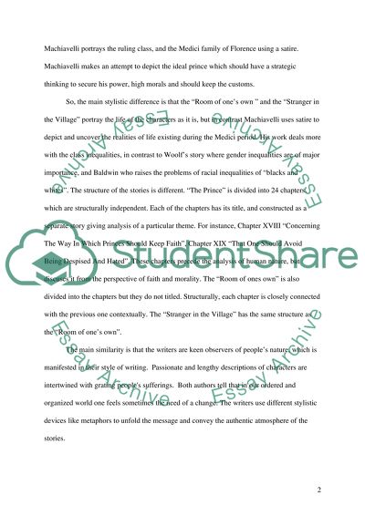 Comparison of A Room of Ones Own, The Prince, and Stranger in the Village Literary Works