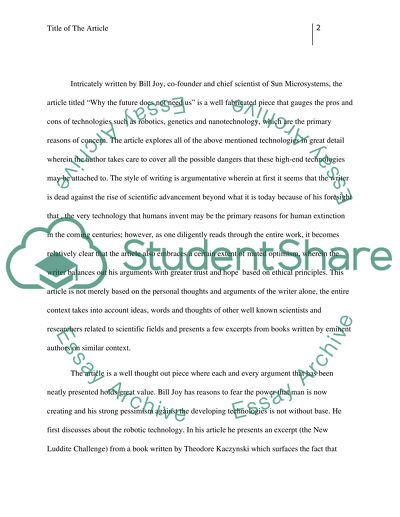 Analysis of Why the Future Does Not Need Us Article by Bill Joy