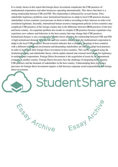 Relationship between Foreign Direct Investment and Corporate Social Responsibility