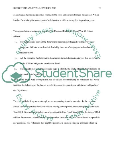 Budget Transmittal Letter FY 2013