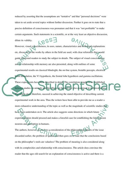Analysis of Consciousness and Neuroscience Article by Francis Crick and Christof Koch