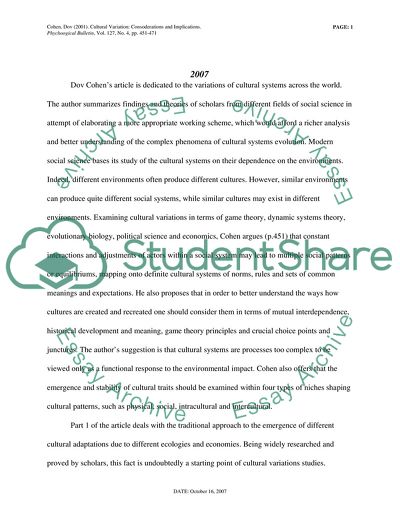 Cultural Variation: Considerations and Implications by Dov Cohen