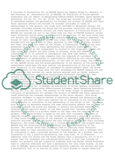 A Critique of Personality Fit in NASCAR