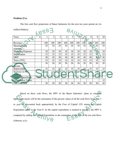 capital budgeting cash flow projections of bauer industries math