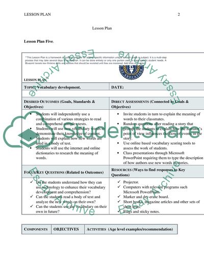 Lesson Plan Topic: Vocabulary development