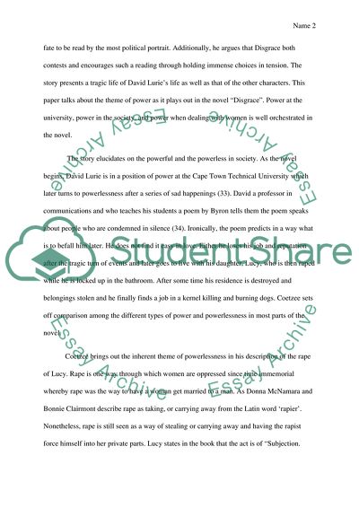 The Theme of Power in the Disgrace Novel by Coetzee J