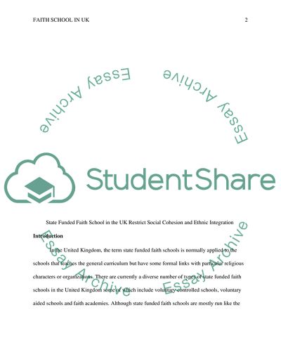 State Funded Faith School in the UK Restrict Social Cohesion and Ethnic Integration