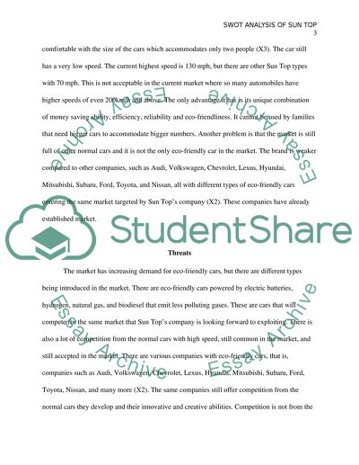 SWOT Analysis of a commercial product (a new environmentally friendly car called Sun Top)