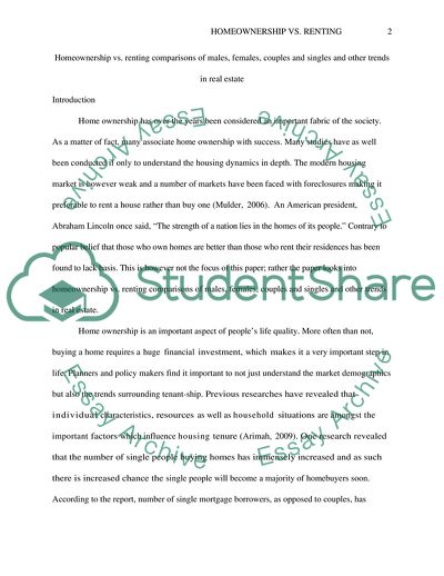 Homeownership vs Renting Comparisons of Males, Females, Couples, and Singles