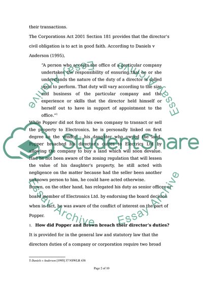 Advise Popper and Brown as to whether They Have Breached Any of the Directors Duties Owed to Electronics Ltd