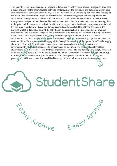 Logistics, Operations, and the Environment from an Environmental Perspective