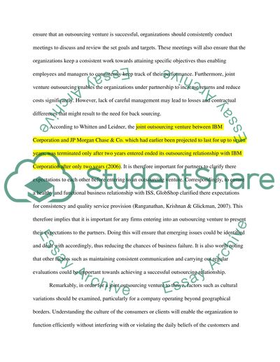 Outsourcing: Joint venture, Nearshore, Back Source, and Switch Vendor