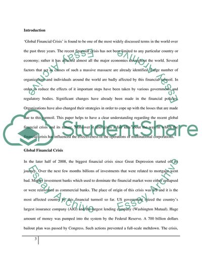 Global Financial Crisis and Its Influence on the Effectiveness of MNE Operations