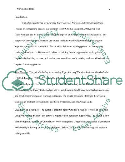 Exploring the Learning Experiences of Nursing Students with Dyslexia: A Critique