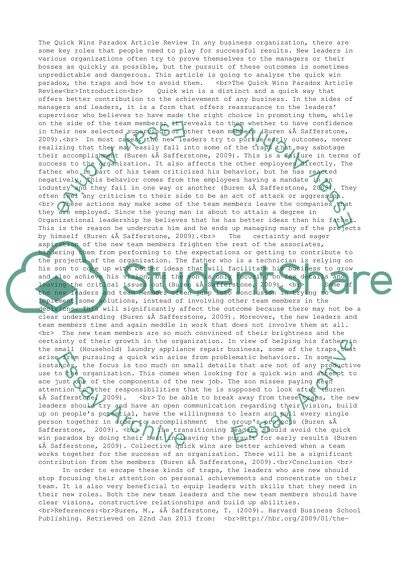 The Quick Wins Paradox Article Review