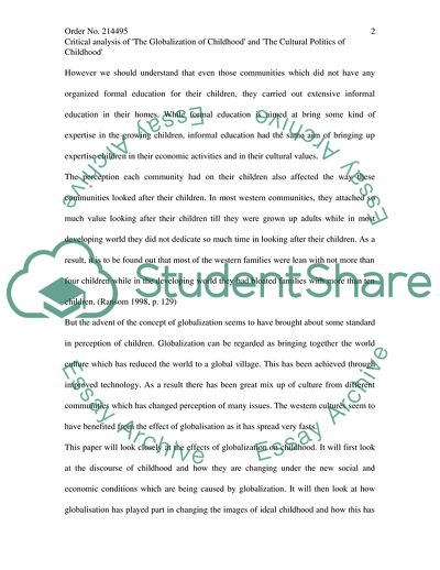 The Globalisation of Childhood and the Cultural Politics of Childhood