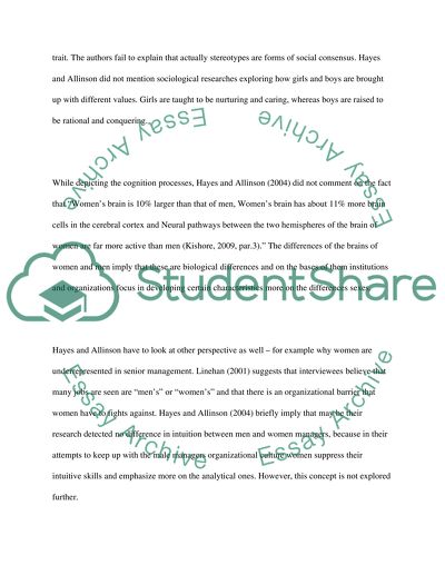 Intuition-analysis in Women Managers and Gendered Stereotypes by Hayes
