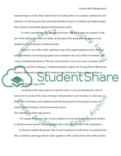 Value and Risk Management in Construction