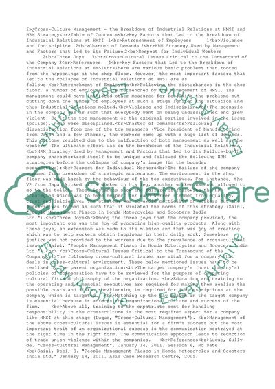 Cross-Culture Management - the Breakdown of Industrial Relations at HMSI and HRM Strategy