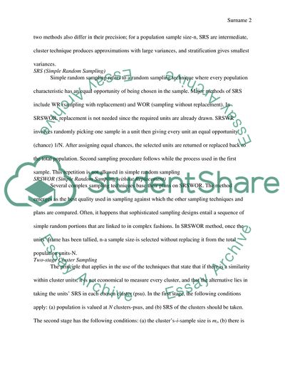 A Comparison among SRSWOR, Stratified SR-SWOR, Single Stage Cluster Sampling, and Two-Stage Sampling