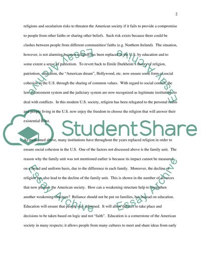 Societal Functions of Religion According to Emile Durkheim and the Decline of Religion in the United States