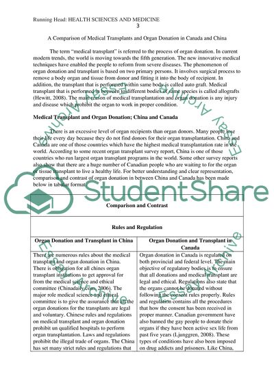 A Comparison of Medical Transplants and Organ Donation in Canada and China