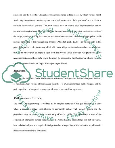 Criteria Audits Done on Cholecystectomy Surgeries at Curtin Hospital