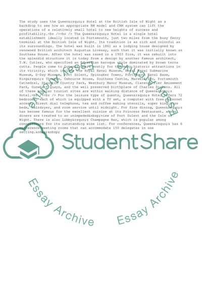 Revenue Management and CRM: the Systems Appropriate for Queens Hotel