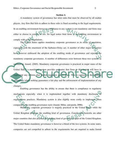 Ethics, Corporate Governance and Social Responsible Investment