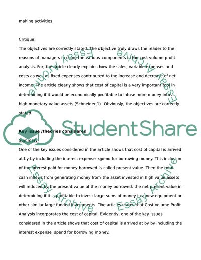 Cost-Volume-Profit Analysis Incorporating the Cost of Capital