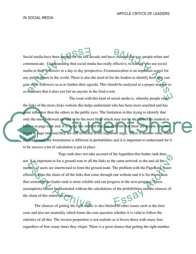 An Article Critique of Leaders in Social Networks