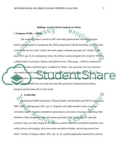 Baldrige Award Criteria Analysis