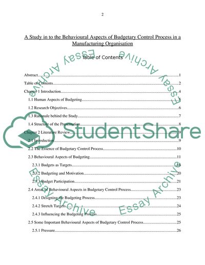 A Study in to the Behavioural Aspects of Budgetary Control Process in a Manufacturing Organisation