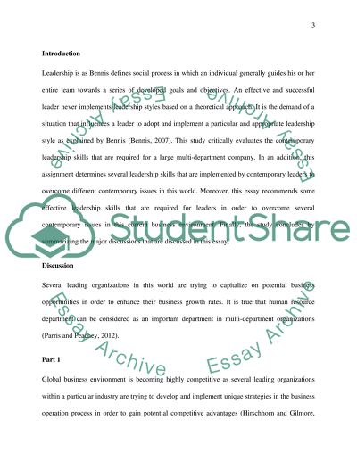 Contemporary Leadership Skills Required for a Large Multi-Department Organisation