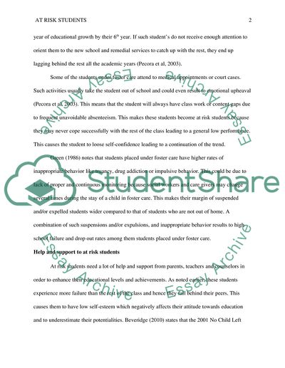 At Risk Students: Students at Risk of School Failure with an Emphasis on Students Placed in Foster Care