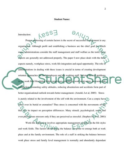 The Management of Workplace Stress: Work-Life Integration
