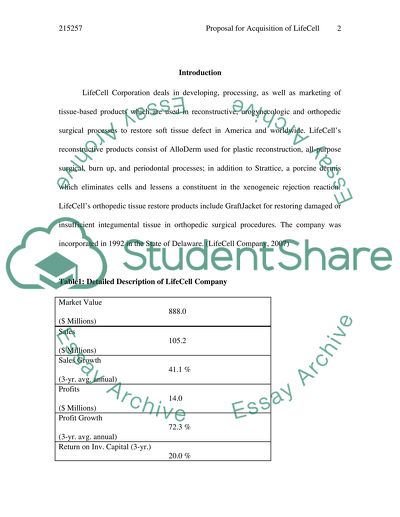 Proposal for Aquisition of LifeCell