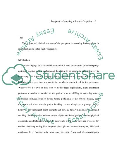 Outcome of the Preoperative Screening Investigations in Individuals Going in for Elective Surgeries