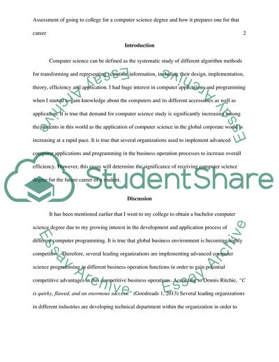 Assessment of Going to College for a Computer Science Degree and How It Prepares One for That Career