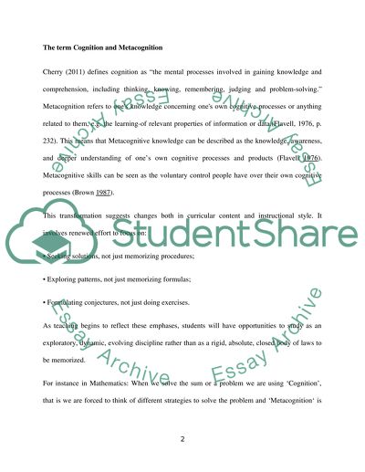 The Role and Significance of Metacognition in Teaching Mathematics