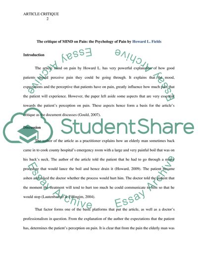 The Critique of Mind on Pain: The Psychology of Pain by Howard L Fields