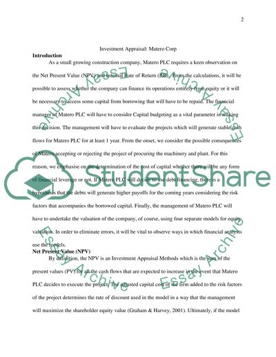 Investment Appraisal Matero Corp