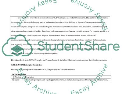 National Council of Teachers of Mathematics (NCTM) Principles and Process Standards Worksheet