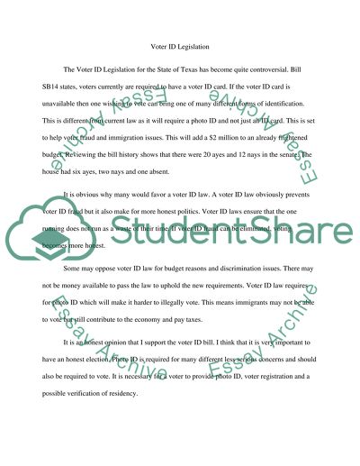 The Voter ID Legislation for the State of Texas