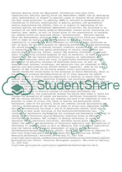 Topic/Business: National Quality Forum for Measurement. Focus: Hospital Measurement Schemes
