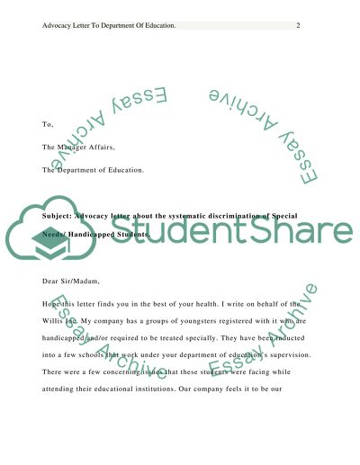 ADVOCACY LETTER TO DEPARTMENT OF EDUCATION