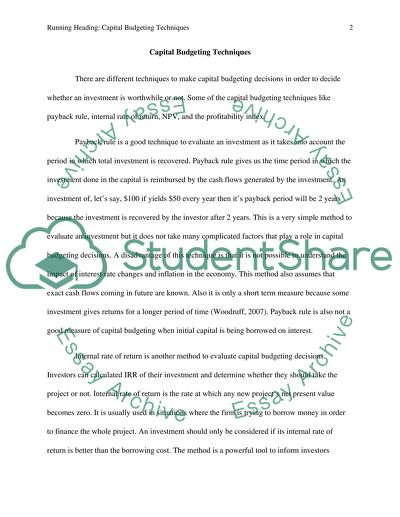 Portfolio Project: Capital Budgeting Techniques