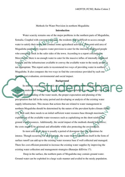 Methods for Water Provision in northern Mogadishu