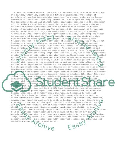 Organisational culture, leadership and ethics in maintaining a successful workplace culture