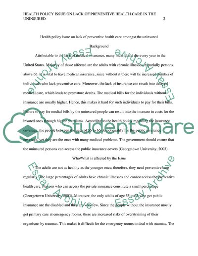 Health Policy Issue on lack of Preventive health Care in the Uninsured